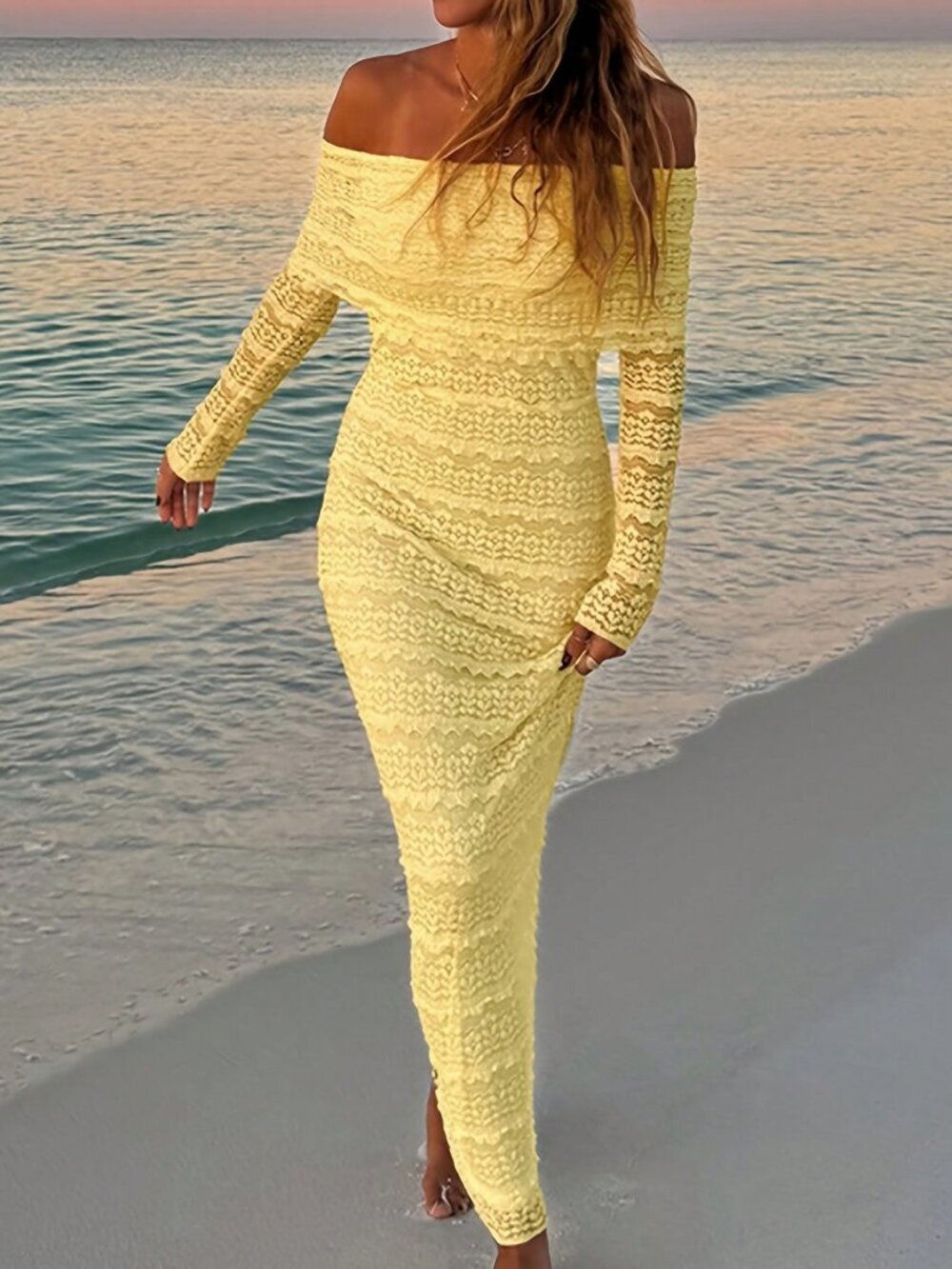 Yellow Elegant Women's Off Shoulder Long Sleeve Bodycon Sexy Minimalist Dress